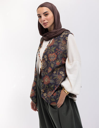 Floral woolen knitted vest in Navy