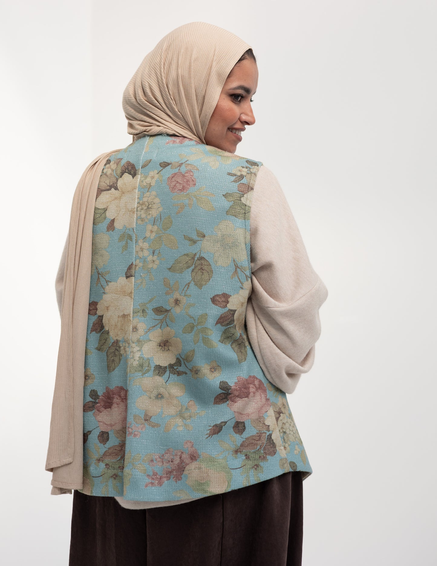 Floral woolen knitted vest in Baby Blue