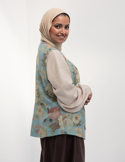 Floral woolen knitted vest in Baby Blue