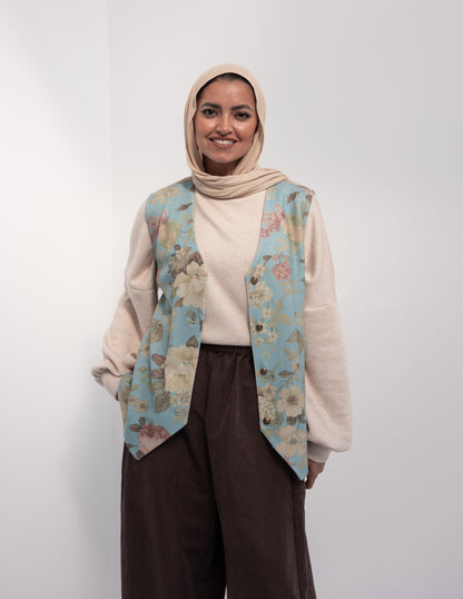 Floral woolen knitted vest in Baby Blue