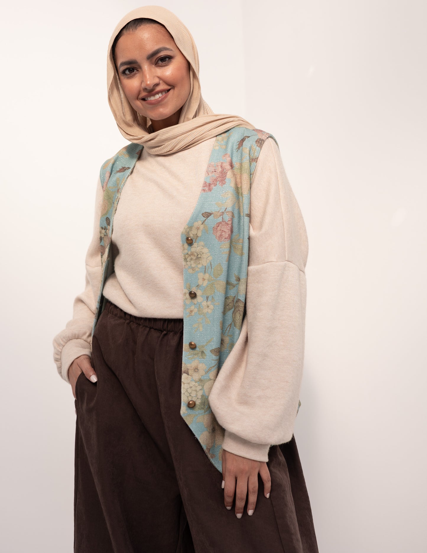 Floral woolen knitted vest in Baby Blue