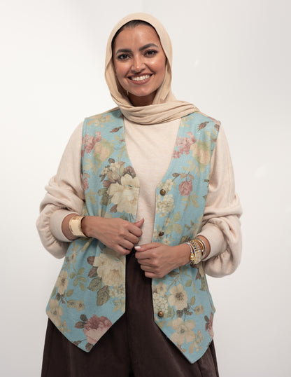 Floral woolen knitted vest in Baby Blue