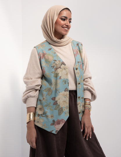 Floral woolen knitted vest in Baby Blue