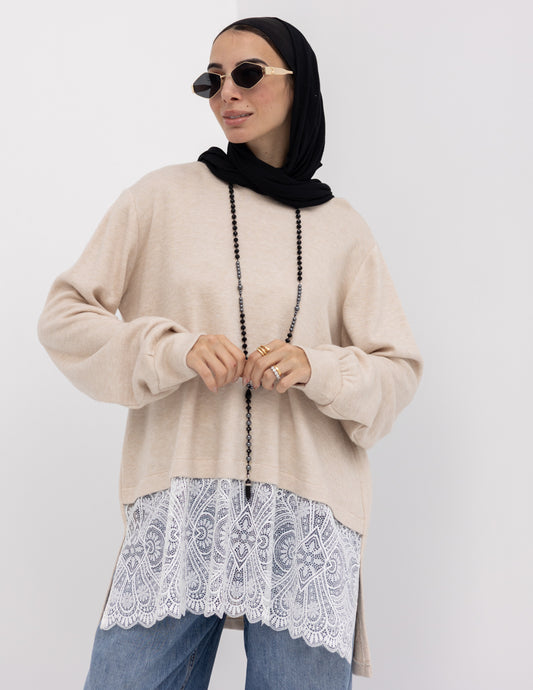 Cashmere pullover with lace in Beige