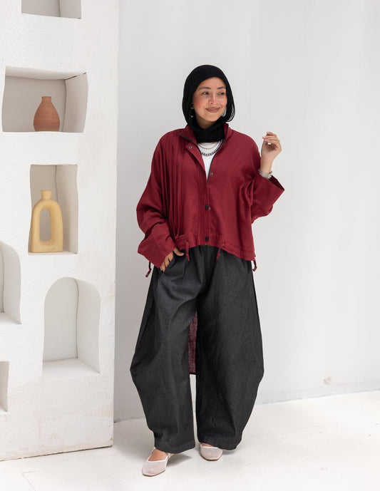 High low jacket with zipper in Wine red