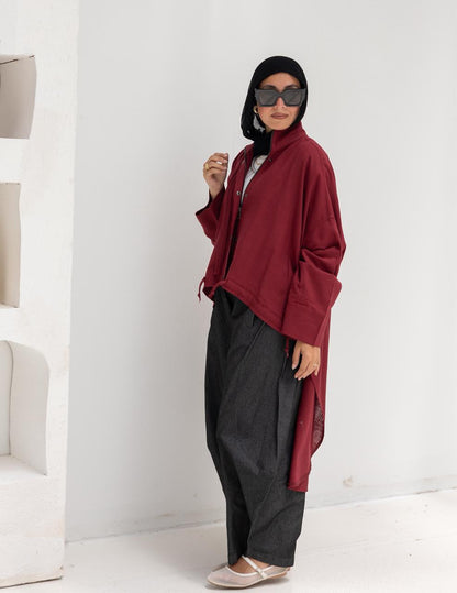 High low jacket with zipper in Wine red