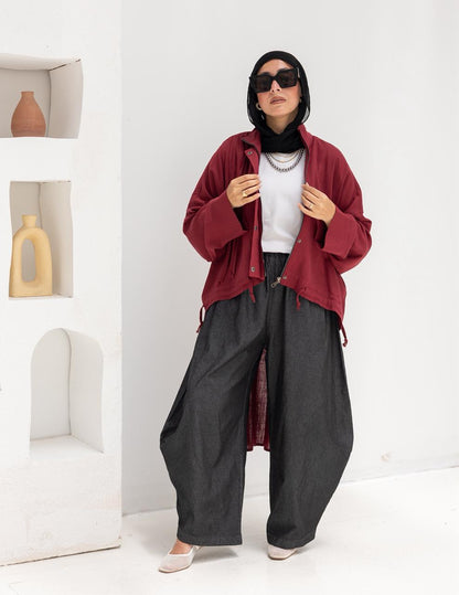 High low jacket with zipper in Wine red