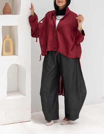 High low jacket with zipper in Wine red