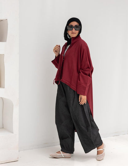 High low jacket with zipper in Wine red
