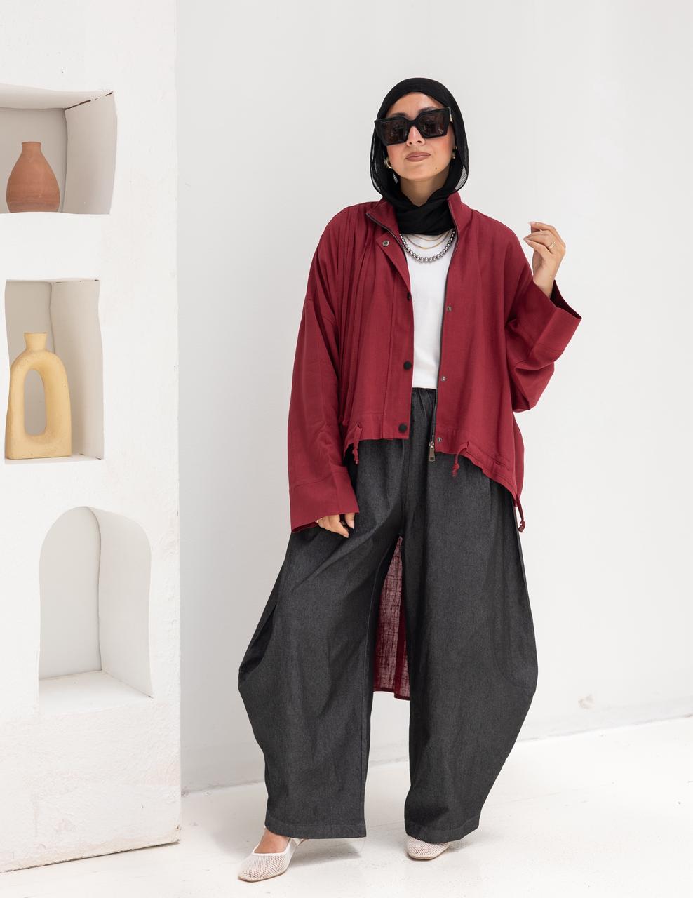High low jacket with zipper in Wine red