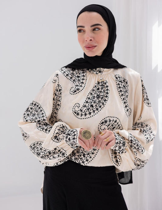 Evening printed silky blouse in Off white