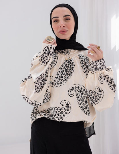 Evening printed silky blouse in Off white