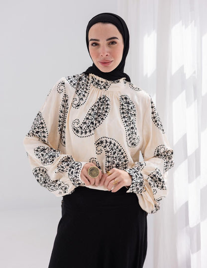 Evening printed silky blouse in Off white