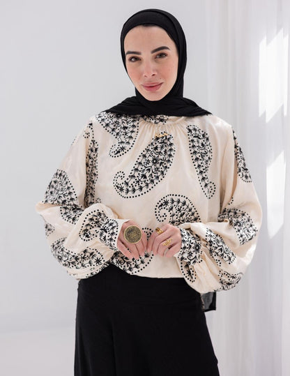 Evening printed silky blouse in Off white