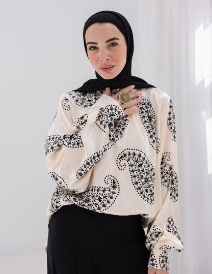 Evening printed silky blouse in Off white