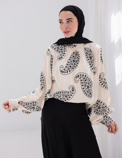 Evening printed silky blouse in Off white