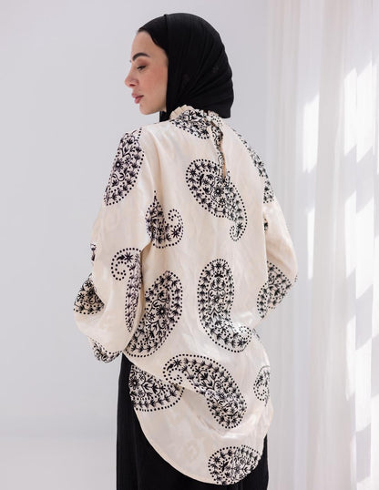 Evening printed silky blouse in Off white