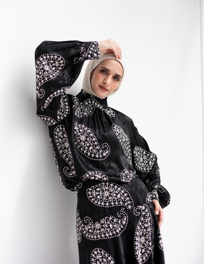 Evening printed silky blouse in Black