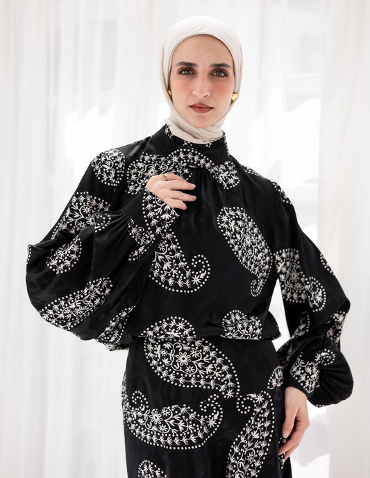 Evening printed silky blouse in Black