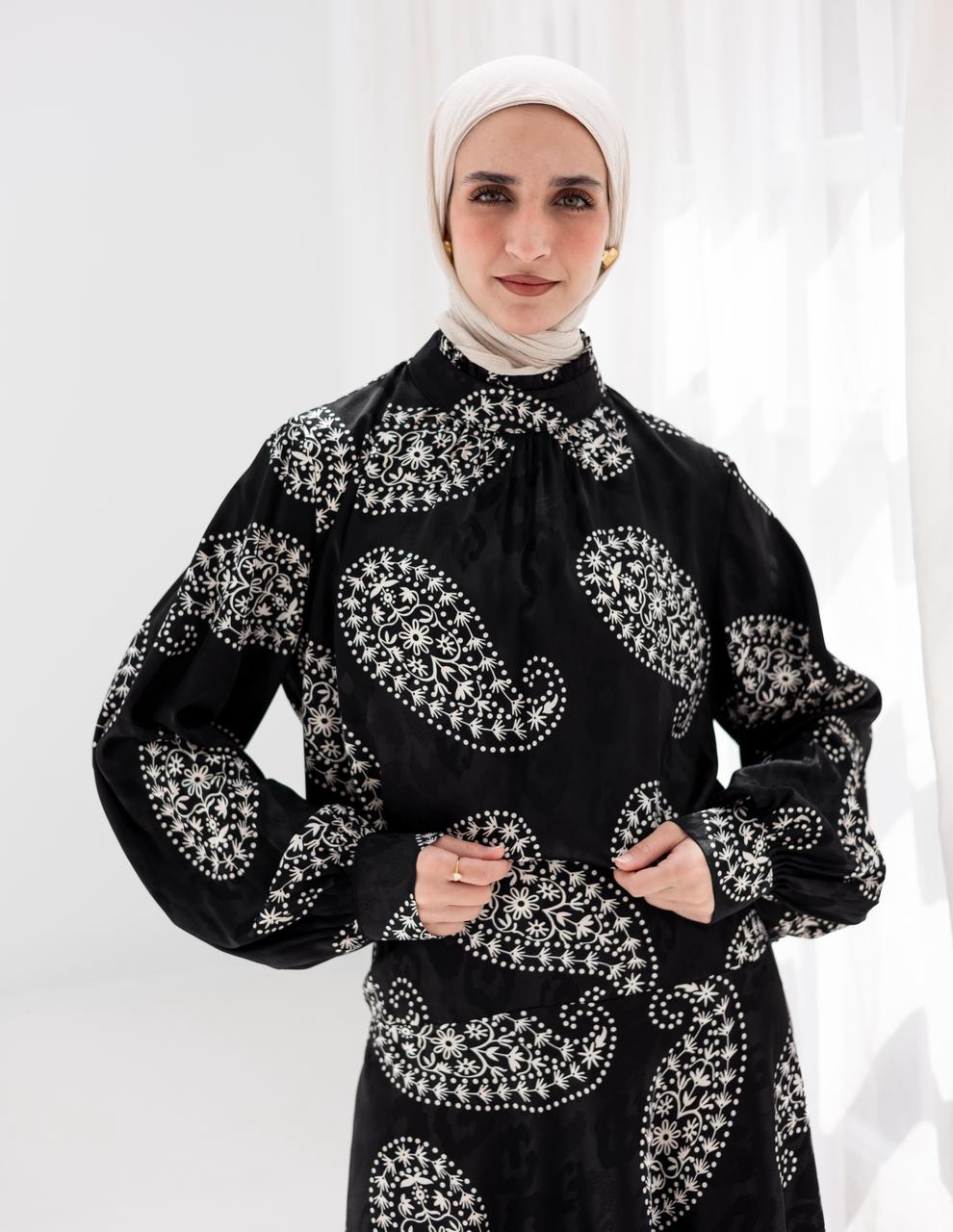 Evening printed silky blouse in Black
