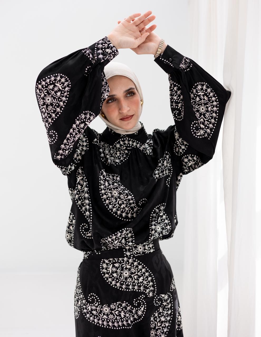 Evening printed silky blouse in Black