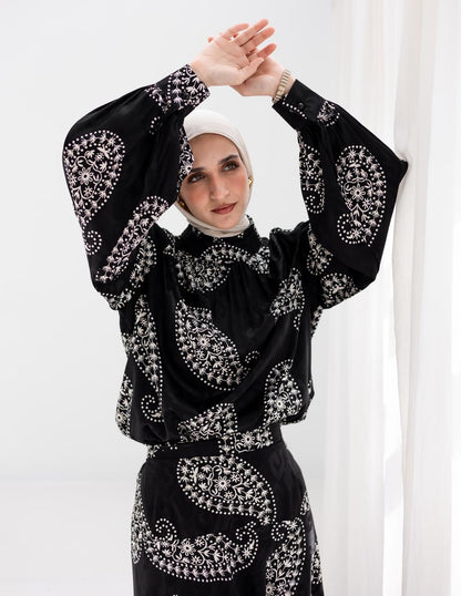 Evening printed silky blouse in Black