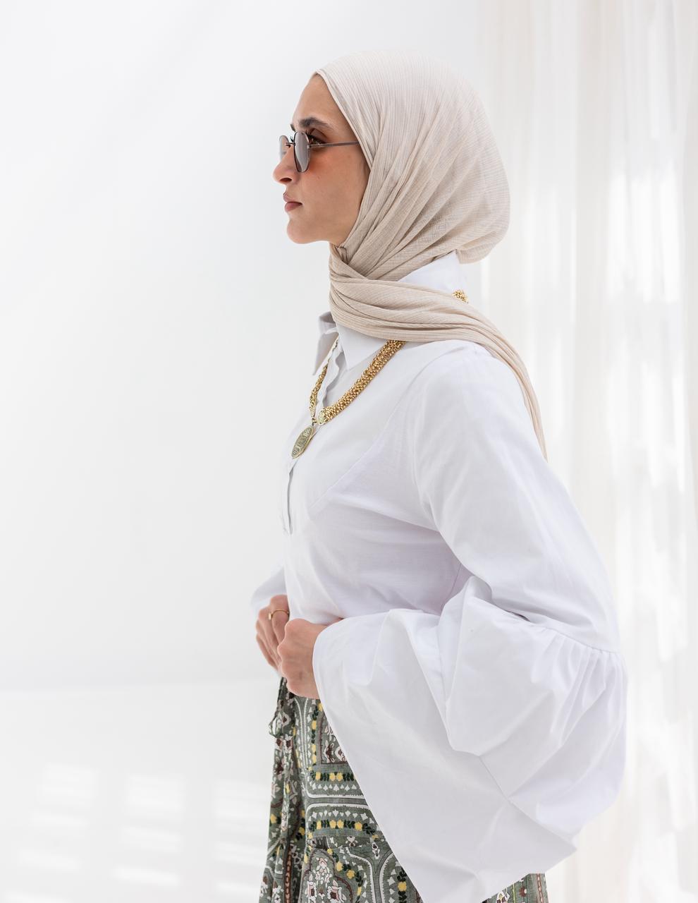 Puffy sleeves poplin & cotton Lycra blouse in White