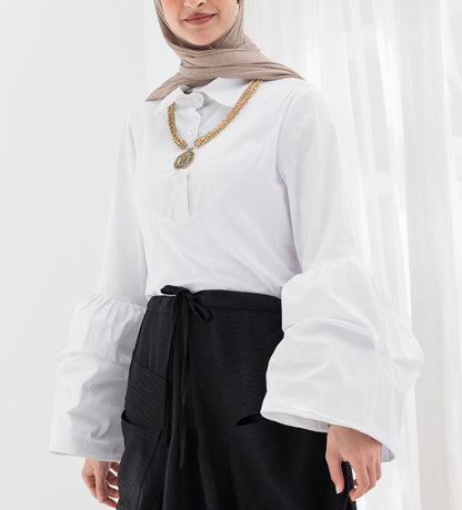 Puffy sleeves poplin & cotton Lycra blouse in White