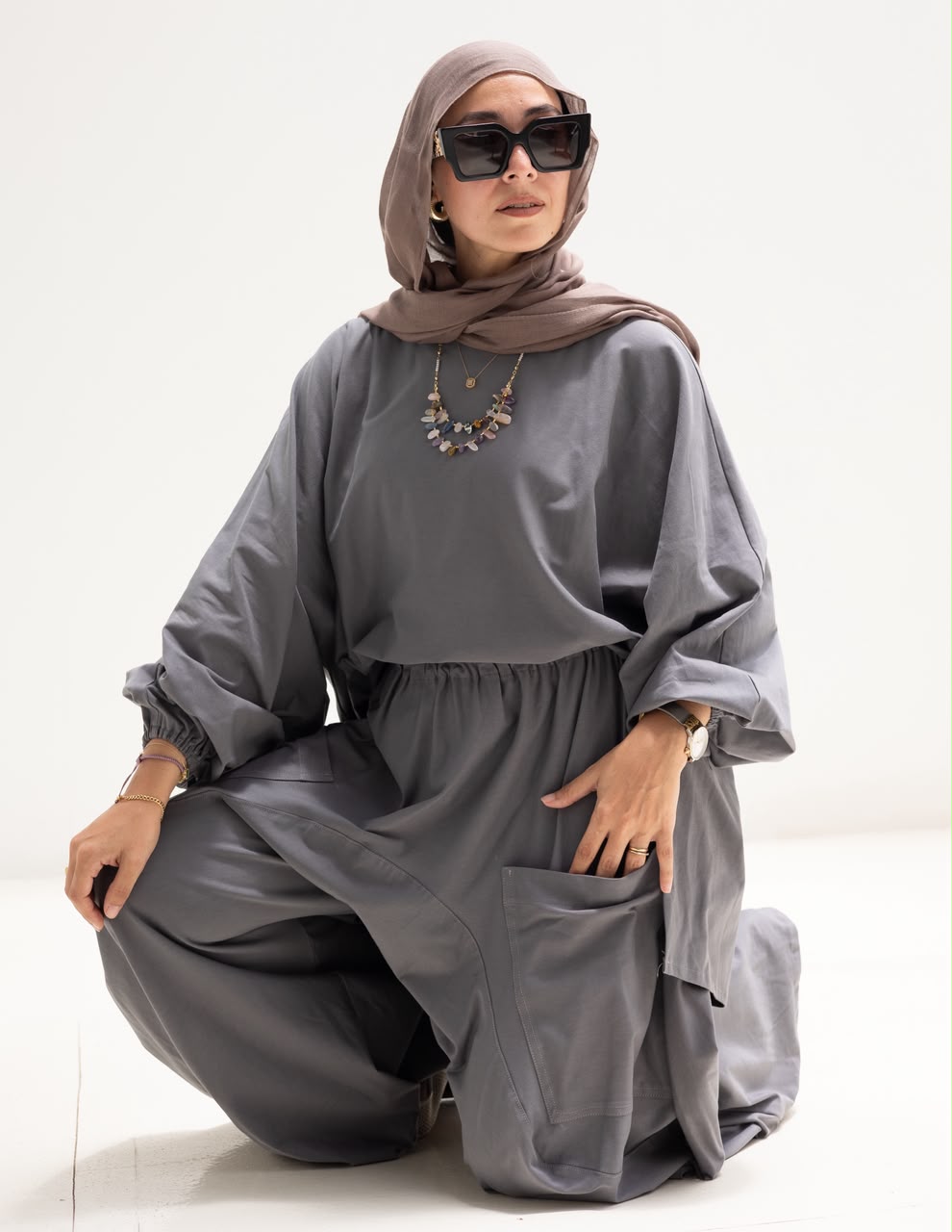 High low cotton blouse in Gray