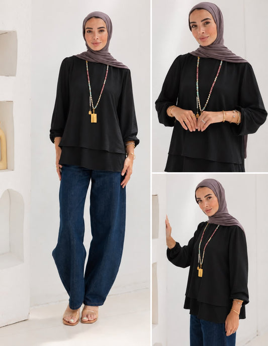 Double layers top with sleeves in black