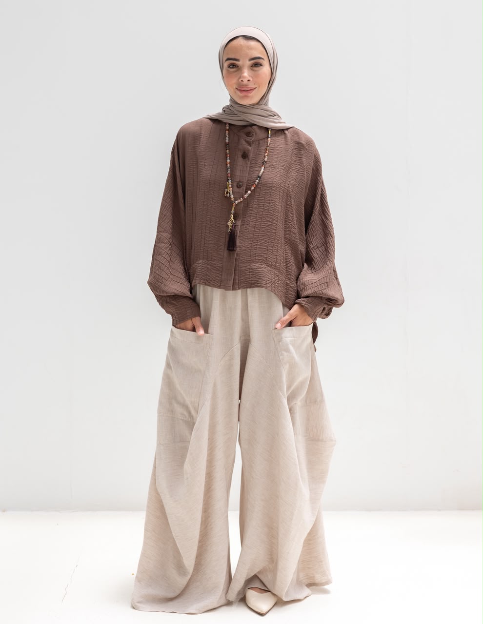 Boho wide leg Lenin pants in light beige