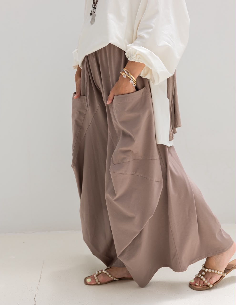 Boho pure cotton pants in cafe