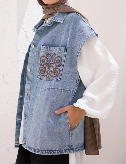 Denim Vest With Icon Embroidery