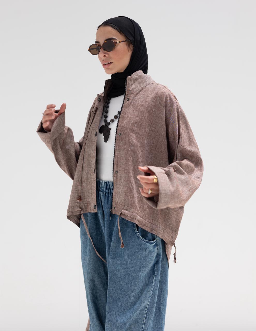 High low jacket with zipper in Light brown