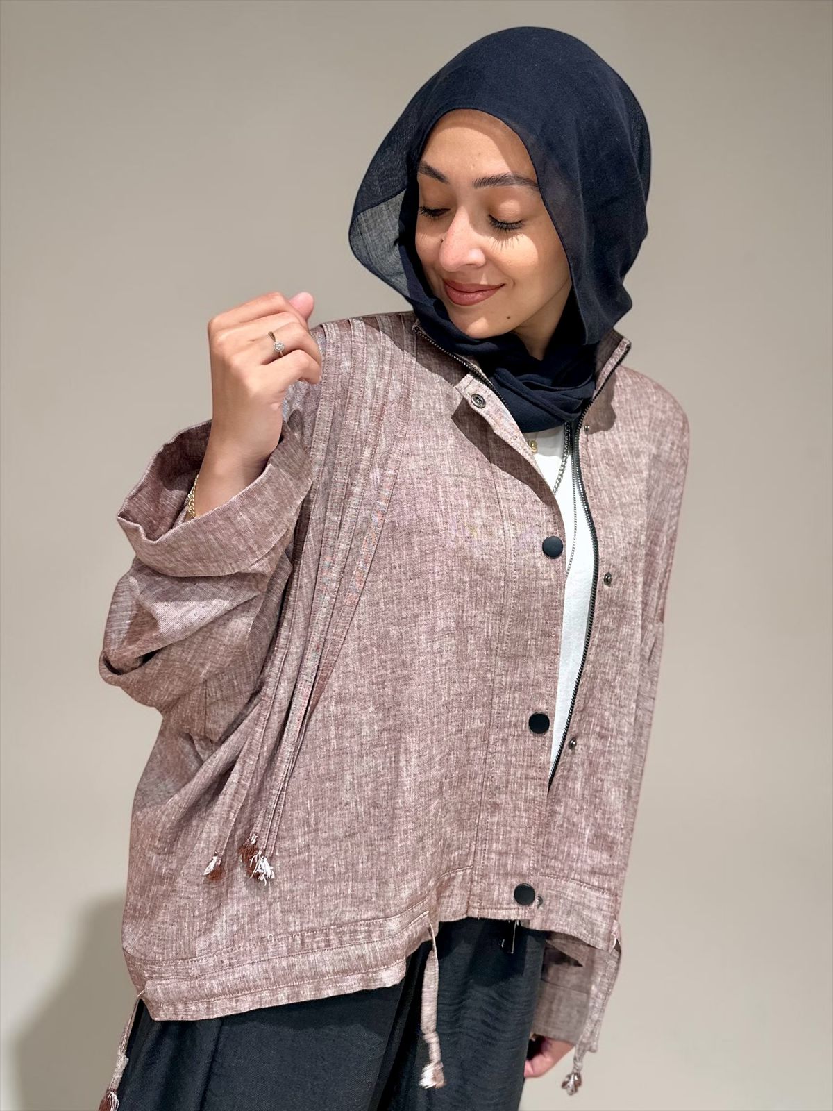 High low jacket with zipper in Light brown