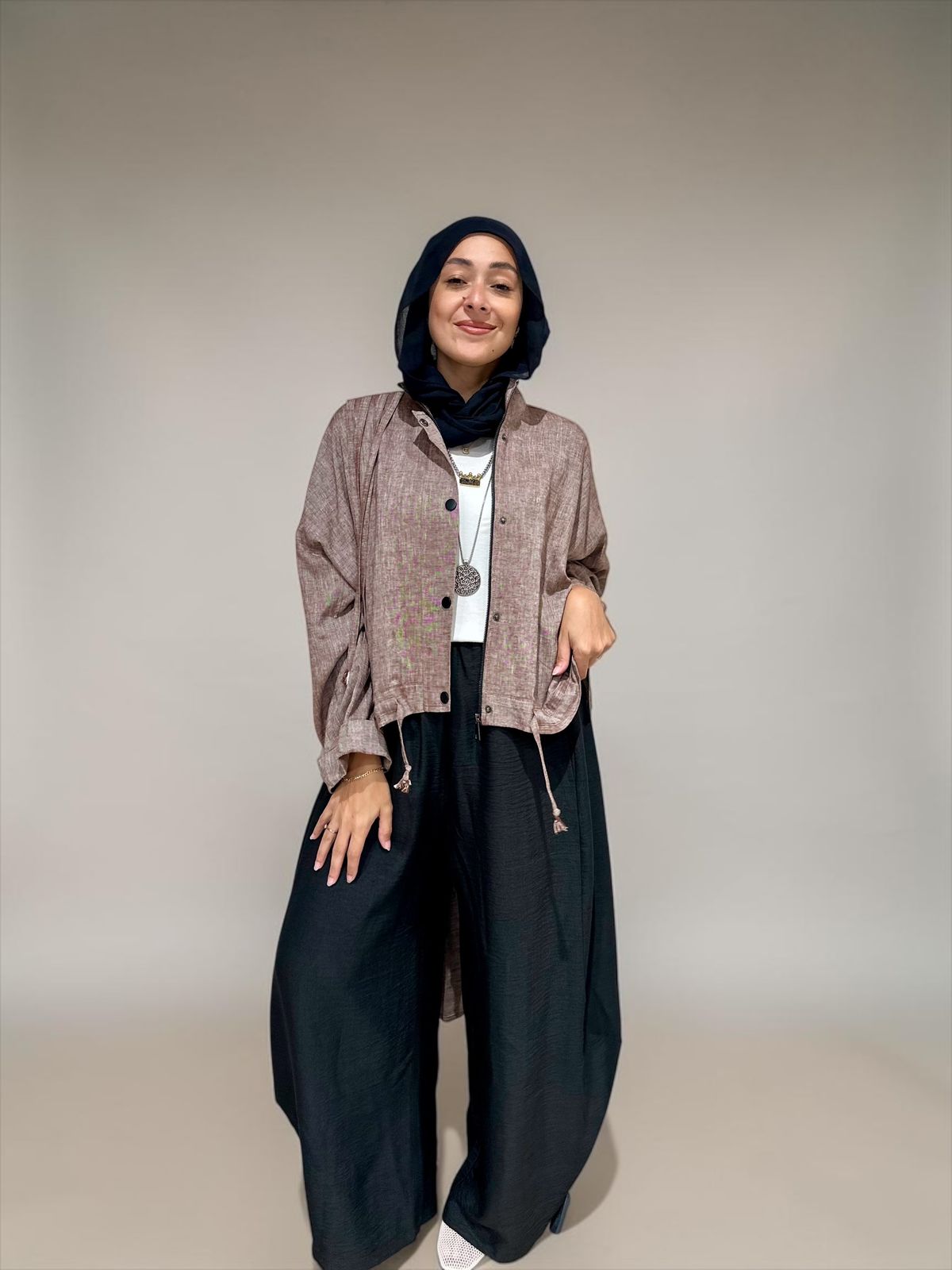 High low jacket with zipper in Light brown