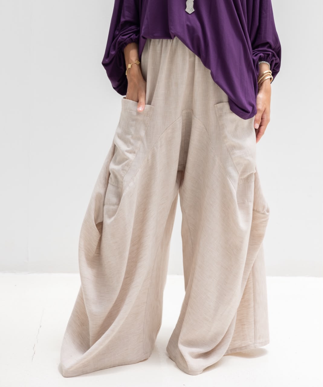 Boho wide leg Lenin pants in light beige