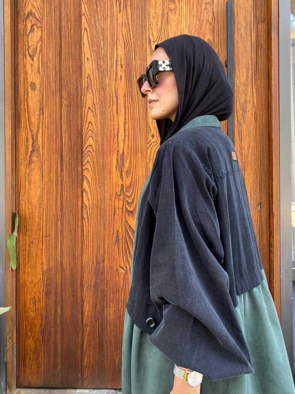 Denim & suede cardigan in Aqua