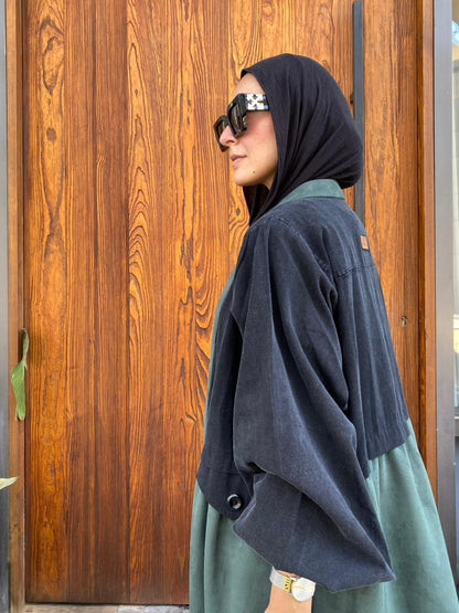 Denim & suede cardigan in Aqua