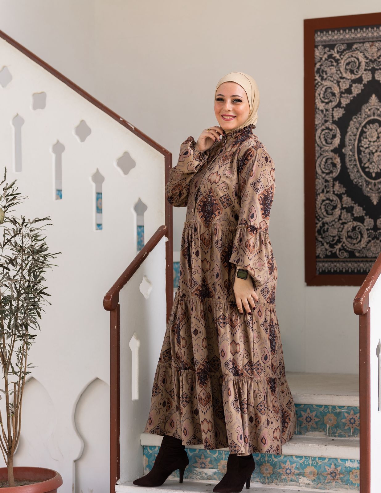 Printed velvet dress in Beige