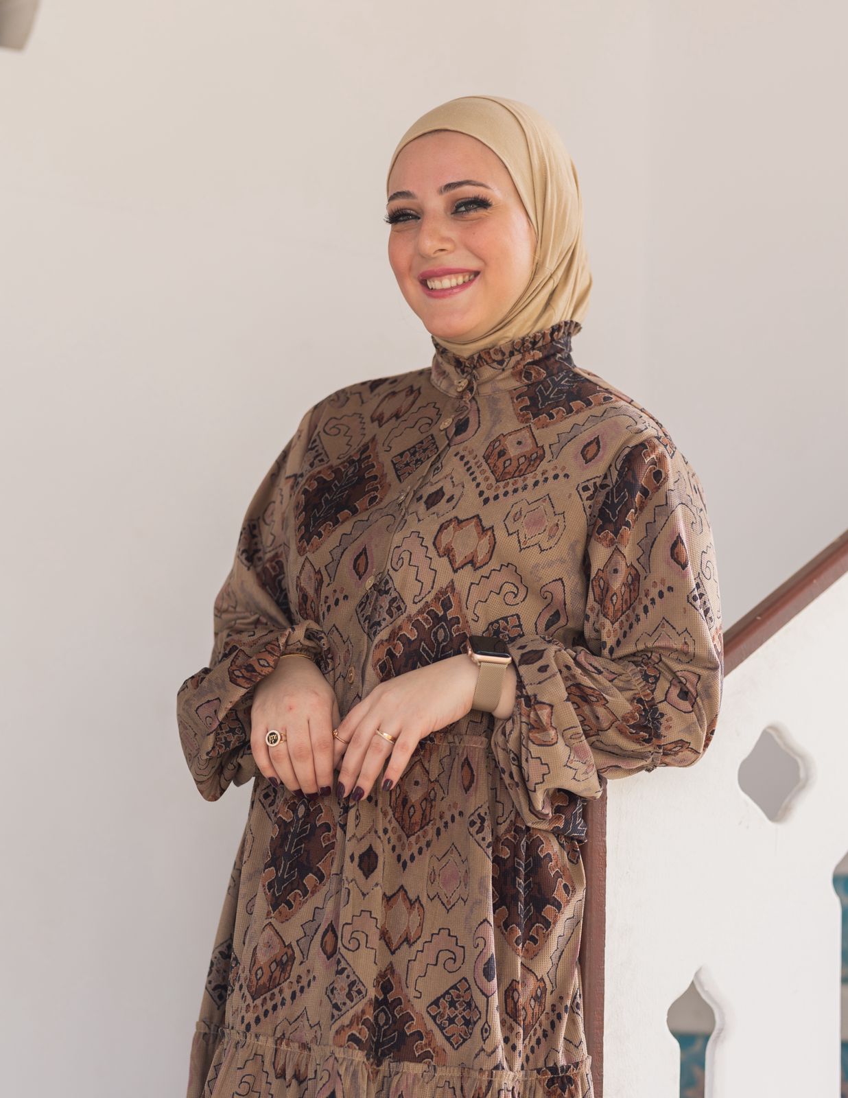 Printed velvet dress in Beige